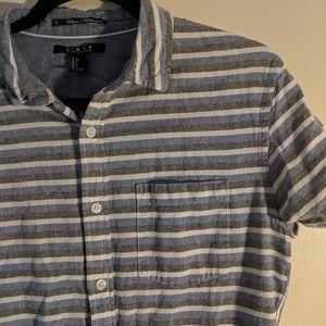 Blue, grey and white striped button up